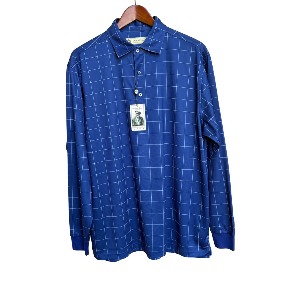 NWT Donald Ross Sportswear Navy Blue Windowpane Long Sleeve Polo Shirt Medium